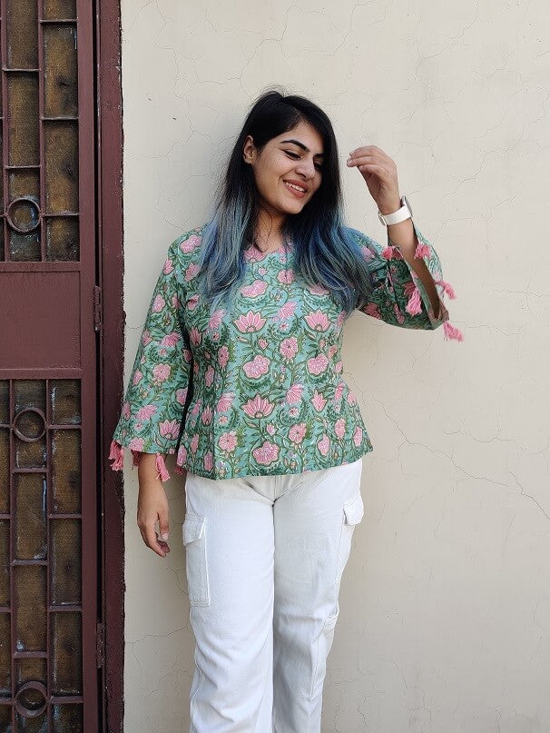 Cherry Lotus Handblock Printed Top with Bell Sleeves and Tassels