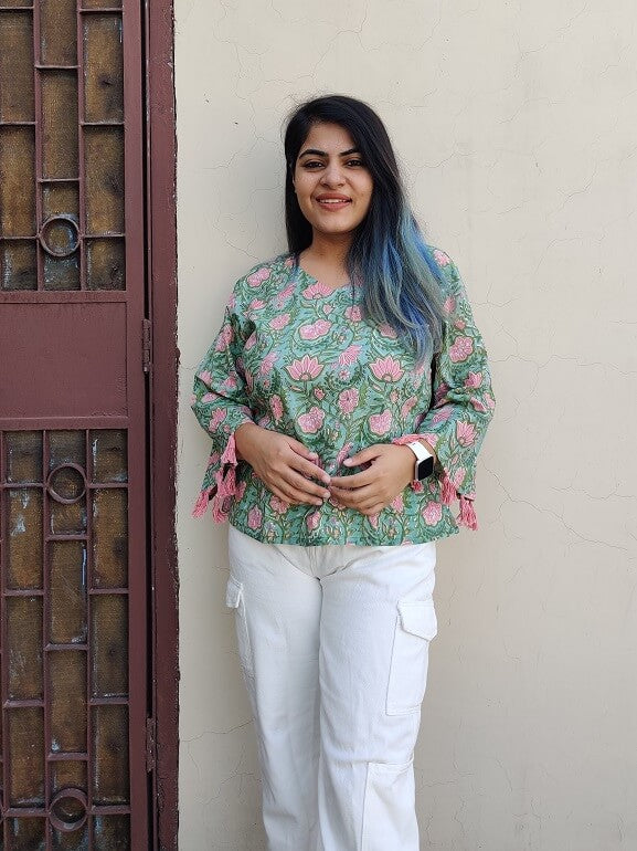 Cherry Lotus Handblock Printed Top with Bell Sleeves and Tassels