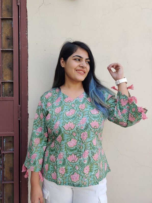 Cherry Lotus Handblock Printed Top with Bell Sleeves and Tassels