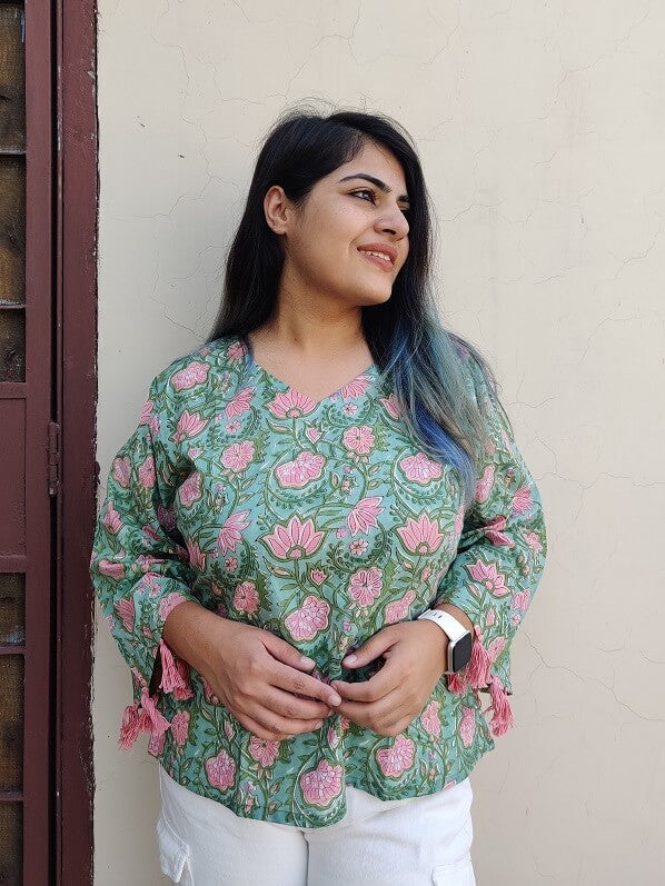 Cherry Lotus Handblock Printed Top with Bell Sleeves and Tassels