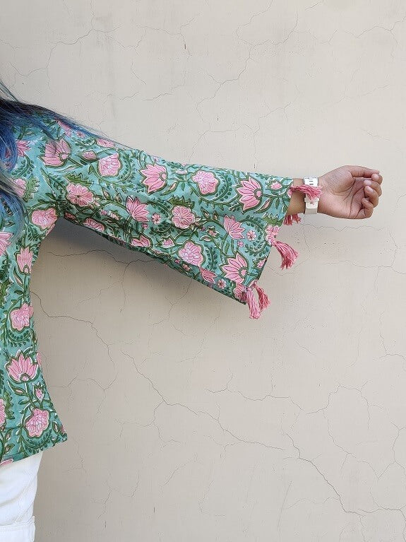 Cherry Lotus Handblock Printed Top with Bell Sleeves and Tassels