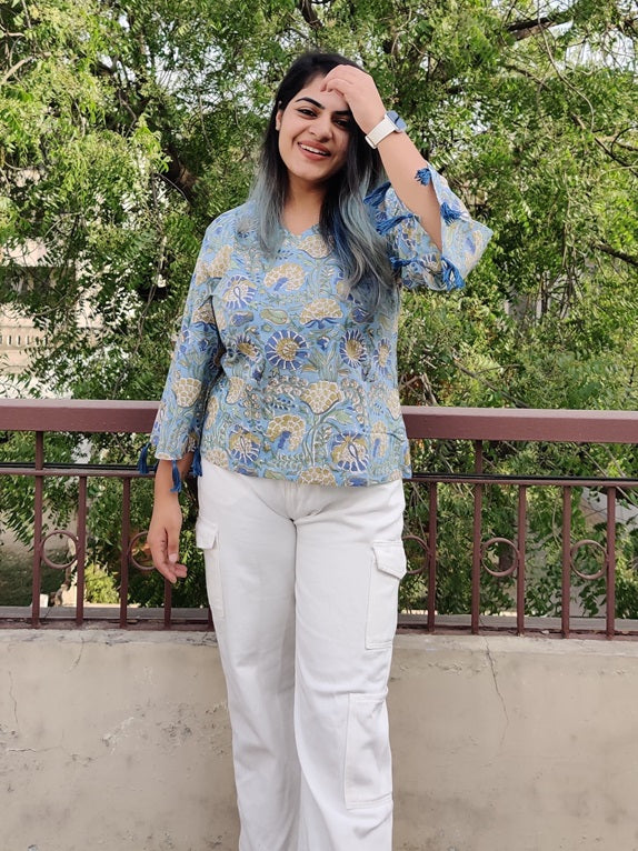 Iraa Hand block Printed Top with Bell Sleeves and Tassels
