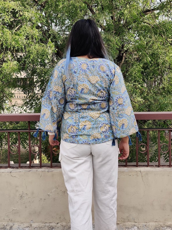 Iraa Hand block Printed Top with Bell Sleeves and Tassels