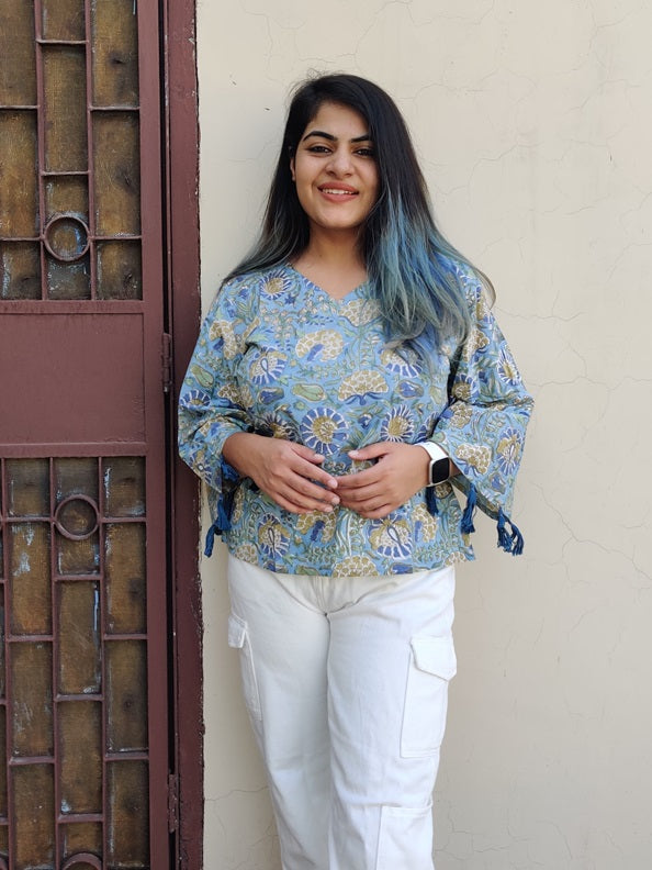 Iraa Hand block Printed Top with Bell Sleeves and Tassels