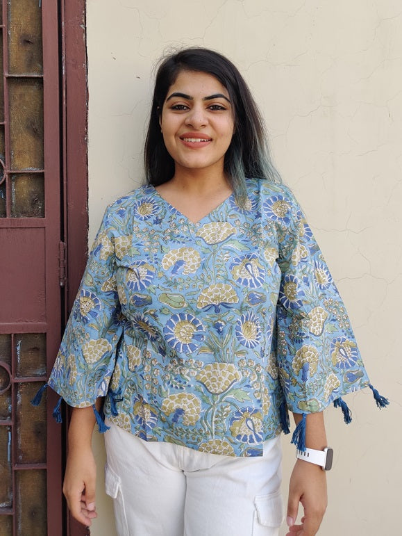 Iraa Hand block Printed Top with Bell Sleeves and Tassels