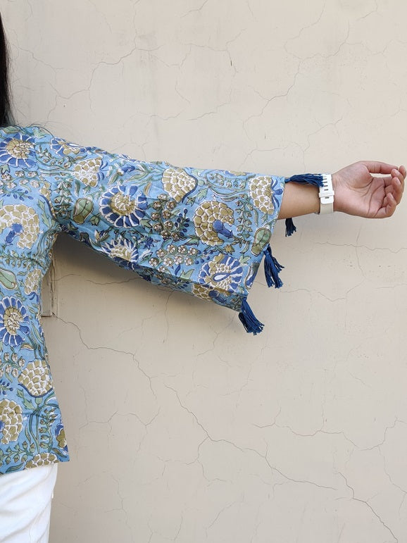 Iraa Hand block Printed Top with Bell Sleeves and Tassels
