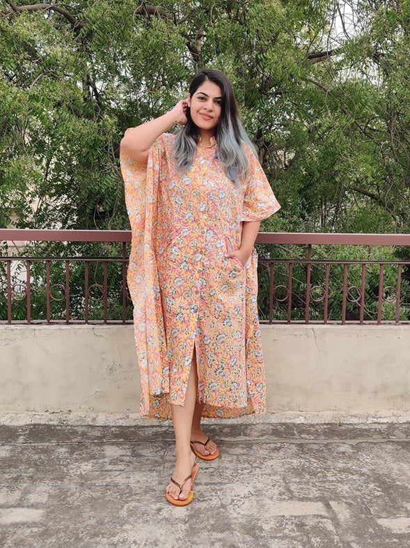 Yellow Pink Hand Block Printed High Low Long Shirt Kaftan