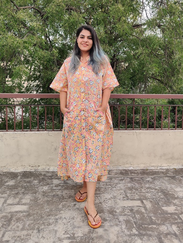 Yellow Pink Hand Block Printed High Low Long Shirt Kaftan