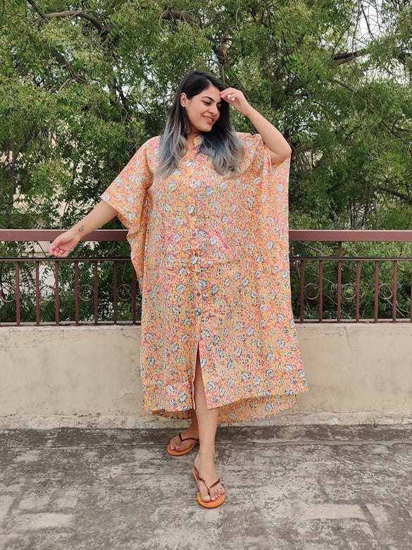 Yellow Pink Hand Block Printed High Low Long Shirt Kaftan