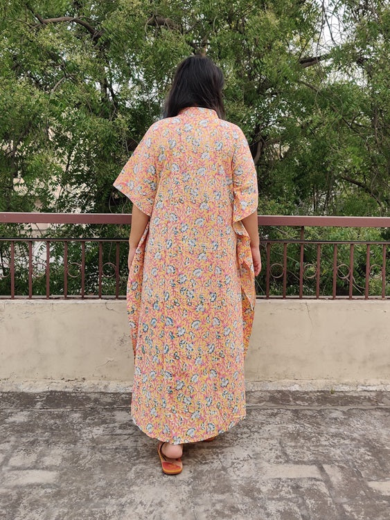 Yellow Pink Hand Block Printed High Low Long Shirt Kaftan