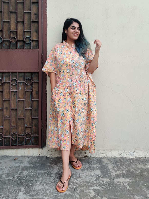 Yellow Pink Hand Block Printed High Low Long Shirt Kaftan