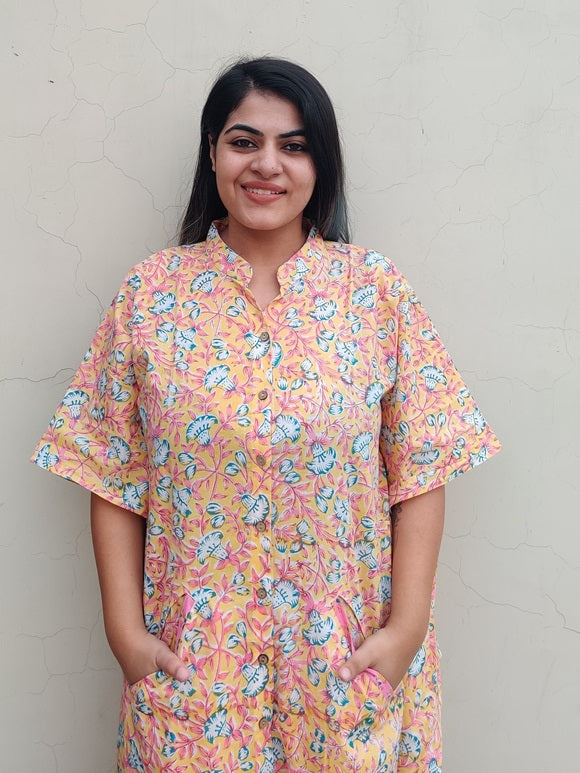 Yellow Pink Hand Block Printed High Low Long Shirt Kaftan
