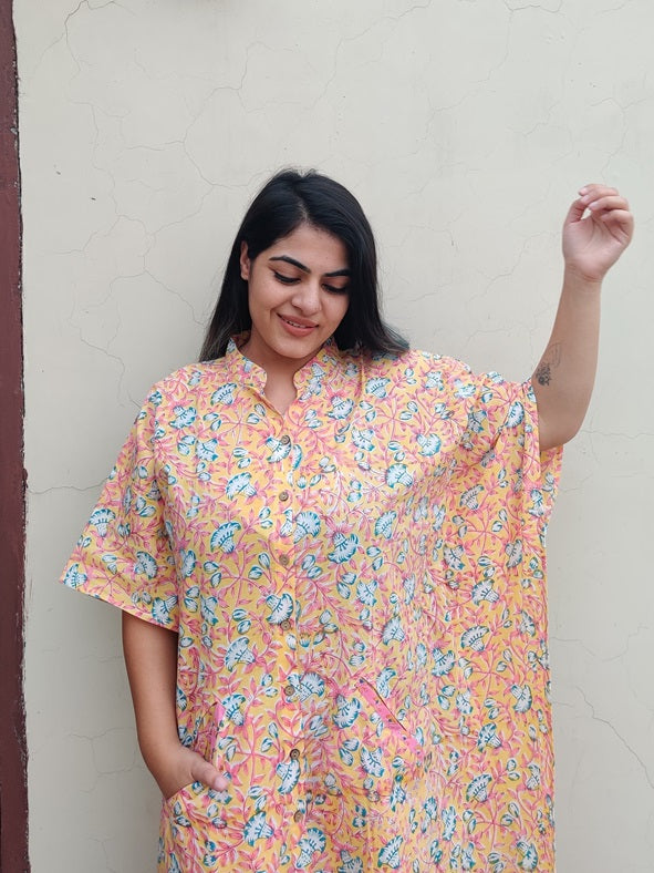 Yellow Pink Hand Block Printed High Low Long Shirt Kaftan