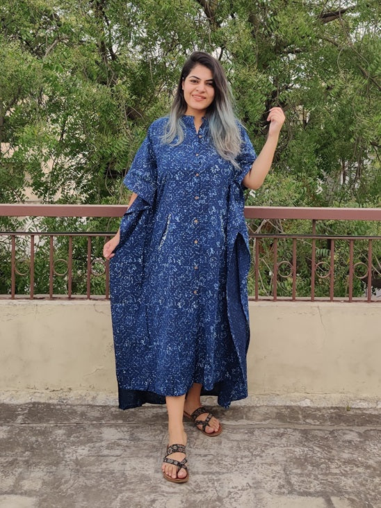 Indigo Hand Block Printed High Low Long Shirt Kaftan