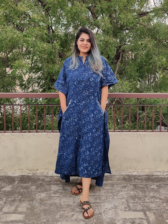 Indigo Hand Block Printed High Low Long Shirt Kaftan