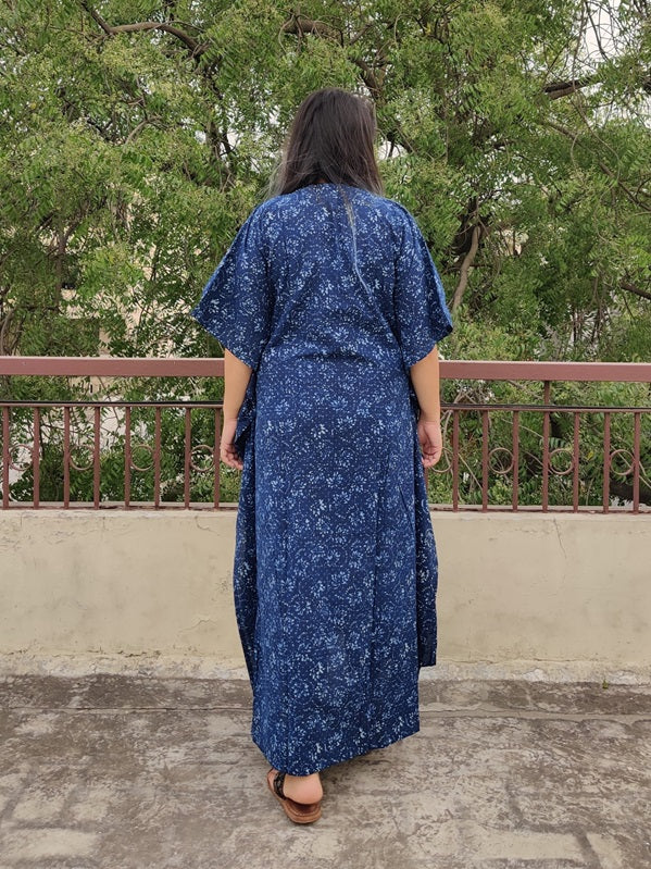 Indigo Hand Block Printed High Low Long Shirt Kaftan