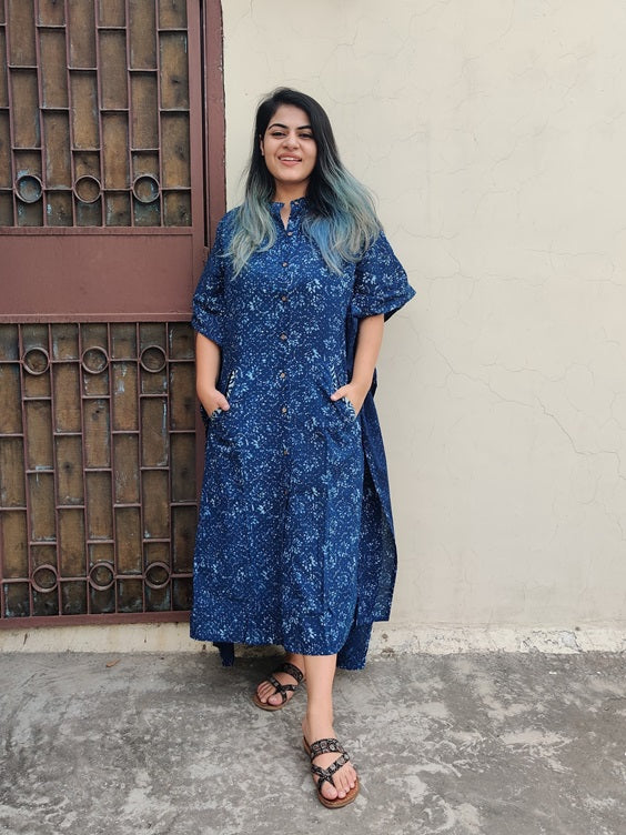 Indigo Hand Block Printed High Low Long Shirt Kaftan