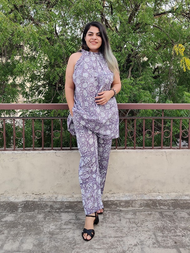 Purple Floral Hand Block Printed Halter Neck Coordinated Set
