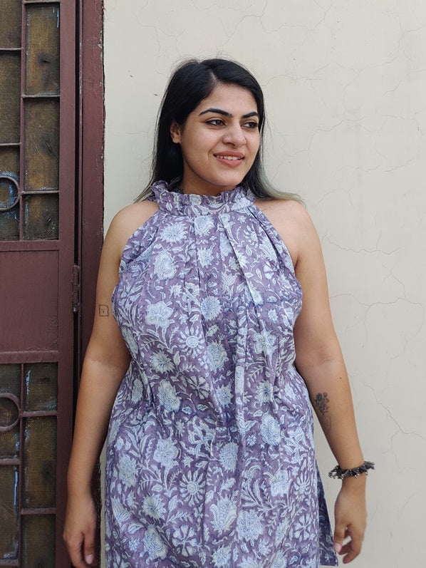 Purple Floral Hand Block Printed Halter Neck Coordinated Set