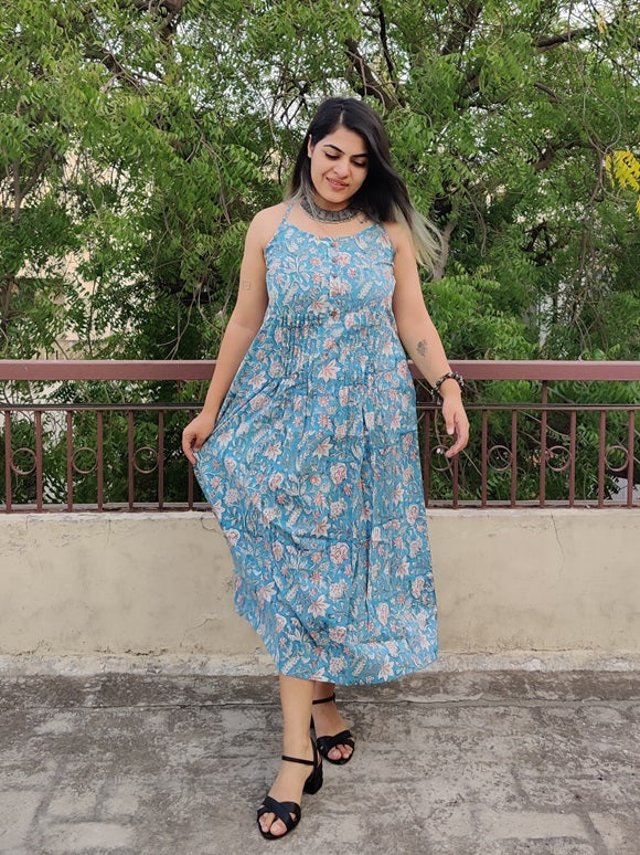 Saachi Hand Block Printed Spaghetti Cross Back Maxi Dress