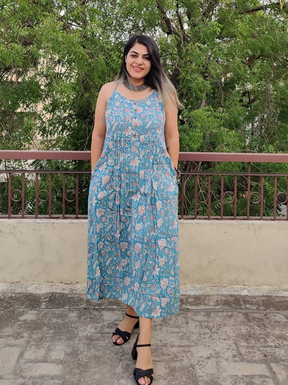 Saachi Hand Block Printed Spaghetti Cross Back Maxi Dress