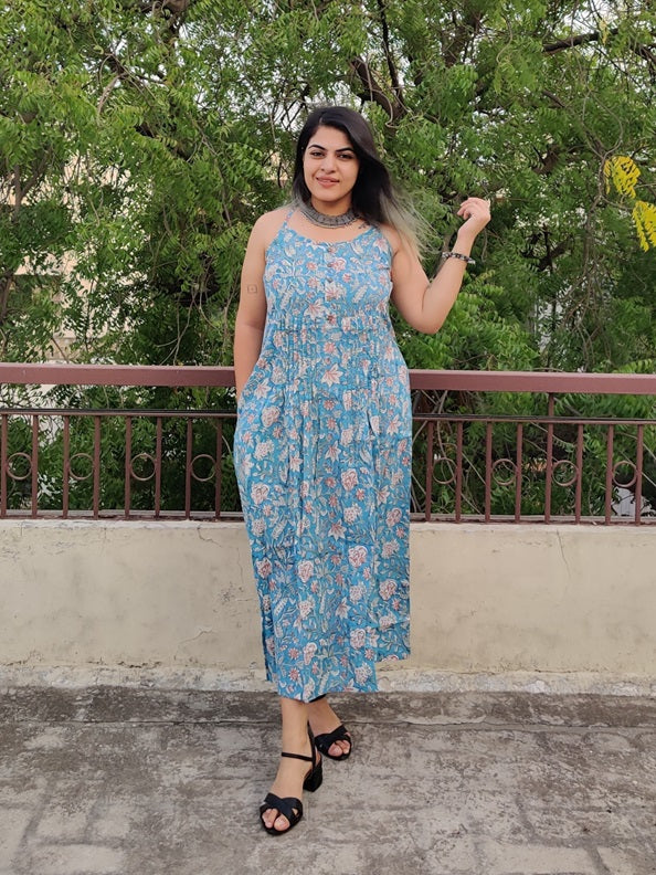 Saachi Hand Block Printed Spaghetti Cross Back Maxi Dress