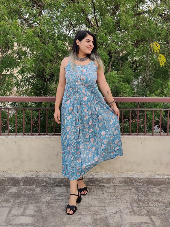 Saachi Hand Block Printed Spaghetti Cross Back Maxi Dress