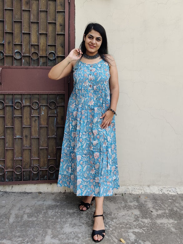Saachi Hand Block Printed Spaghetti Cross Back Maxi Dress