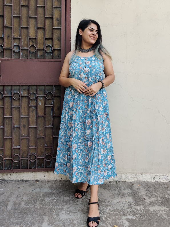 Saachi Hand Block Printed Spaghetti Cross Back Maxi Dress