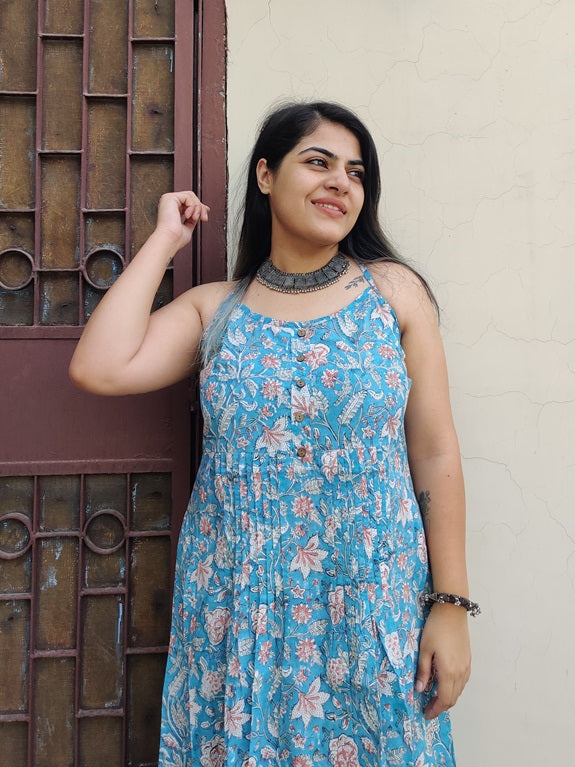 Saachi Hand Block Printed Spaghetti Cross Back Maxi Dress