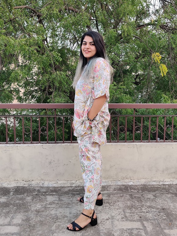 White Floral Hand Block Printed Shirt Kaftan Coordinated Set