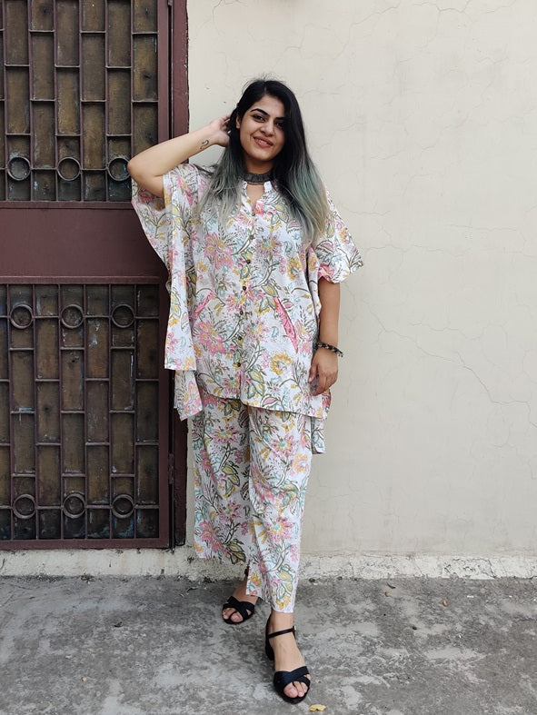 White Floral Hand Block Printed Shirt Kaftan Coordinated Set