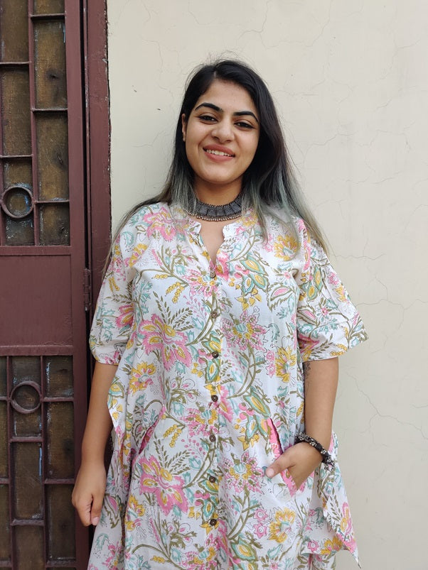White Floral Hand Block Printed Shirt Kaftan Coordinated Set