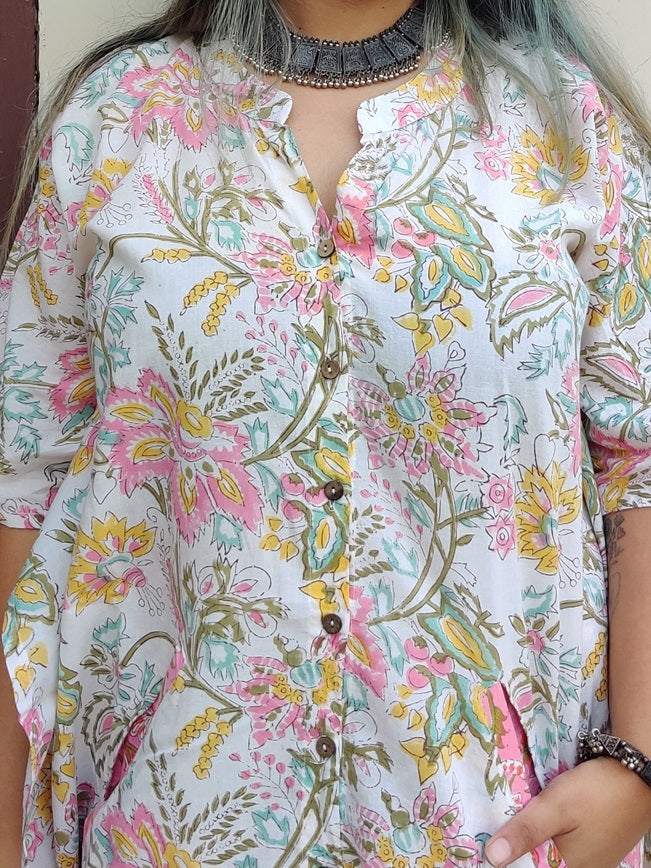 White Floral Hand Block Printed Shirt Kaftan Coordinated Set