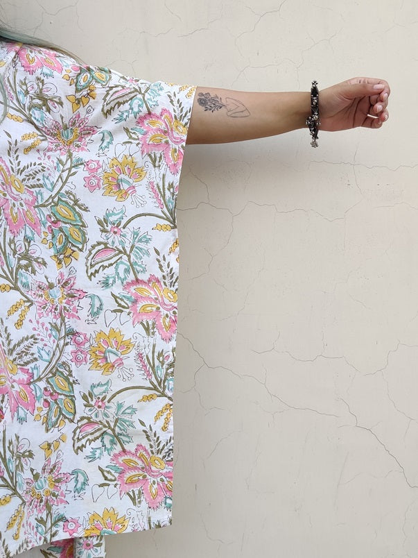 White Floral Hand Block Printed Shirt Kaftan Coordinated Set