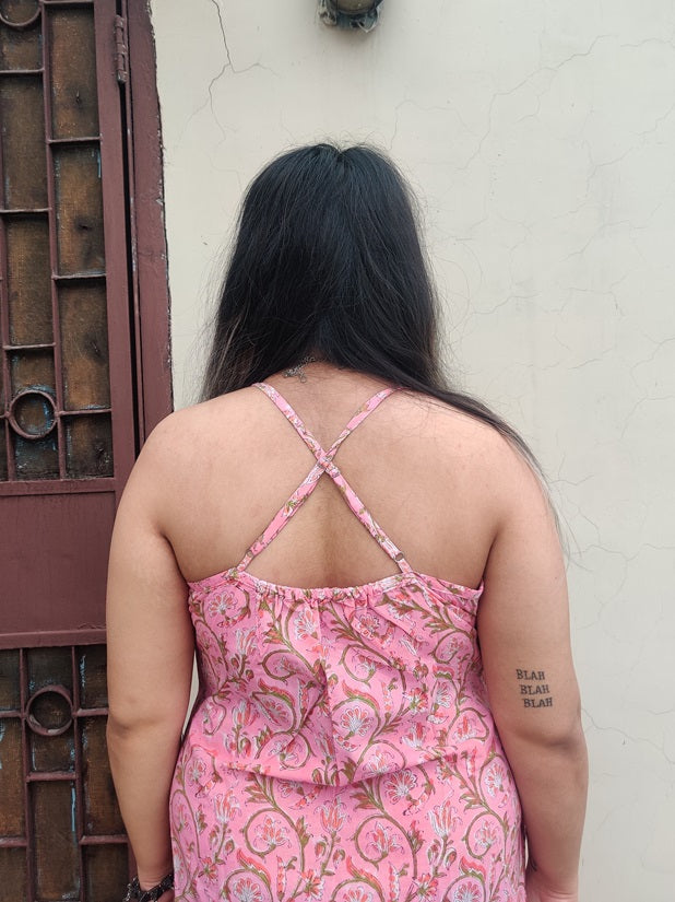 Watermelon Hand Block Printed Spaghetti Cross Back Maxi Dress