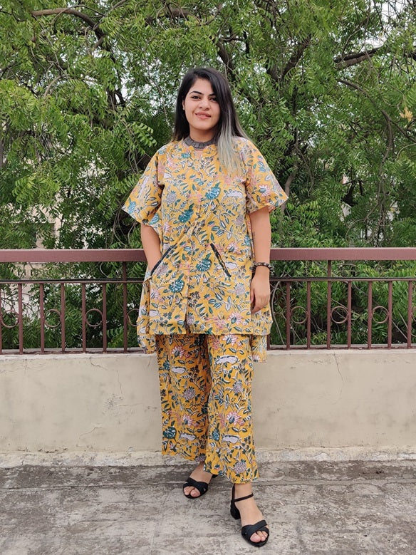 Yellow Green Hand Block Printed Shirt Kaftan Coordinated Set