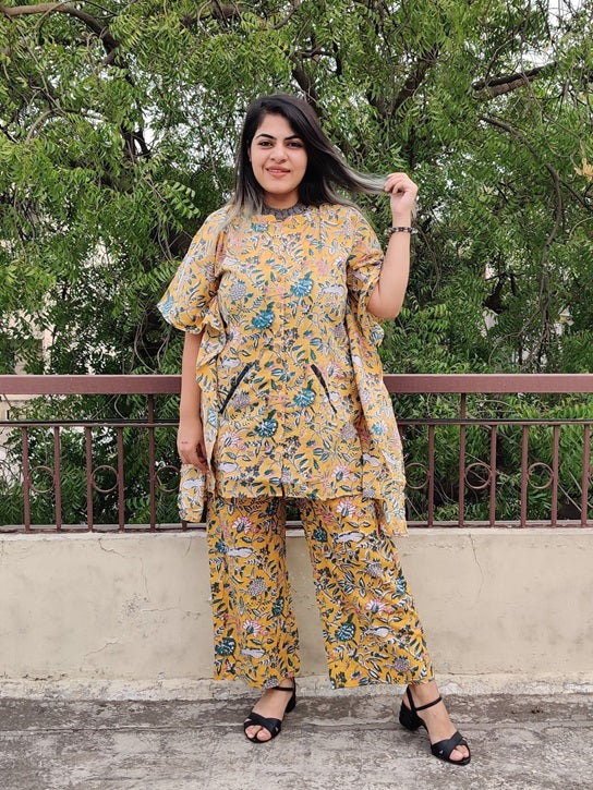 Yellow Green Hand Block Printed Shirt Kaftan Coordinated Set