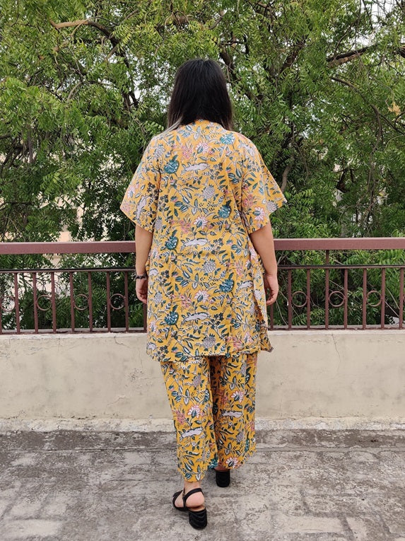 Yellow Green Hand Block Printed Shirt Kaftan Coordinated Set