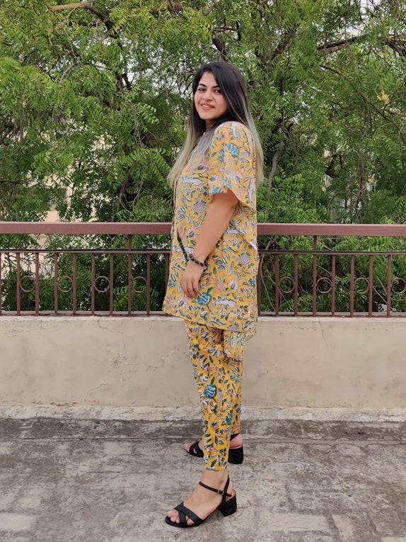 Yellow Green Hand Block Printed Shirt Kaftan Coordinated Set