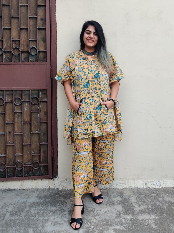 Yellow Green Hand Block Printed Shirt Kaftan Coordinated Set