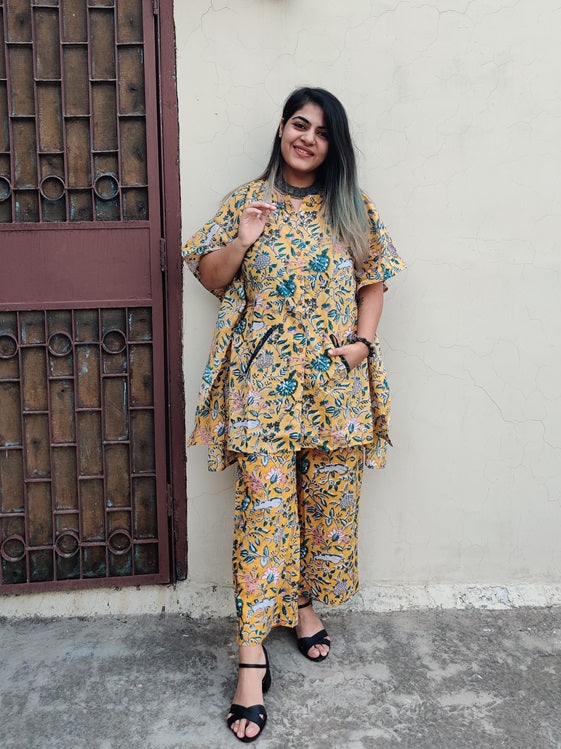 Yellow Green Hand Block Printed Shirt Kaftan Coordinated Set