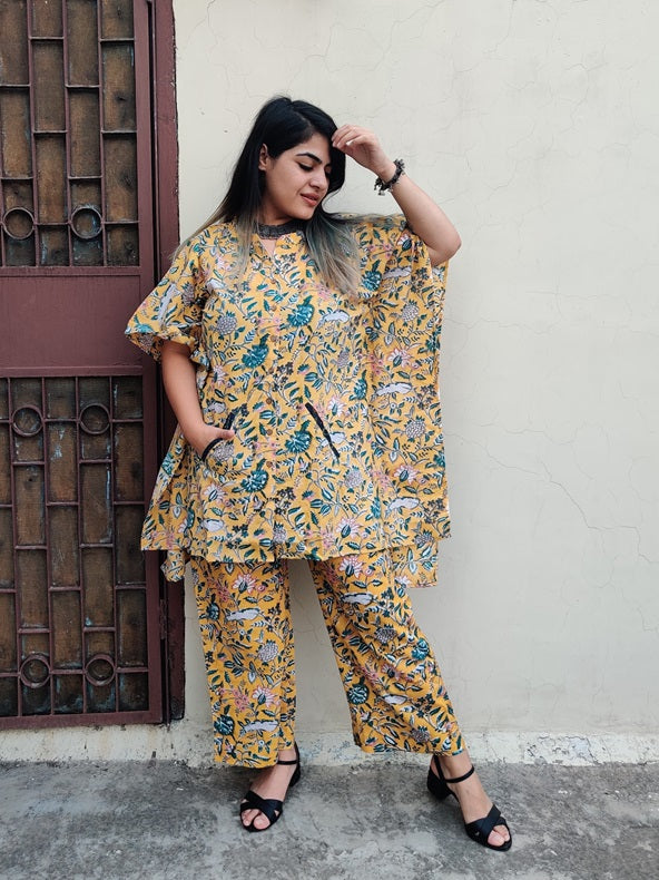 Yellow Green Hand Block Printed Shirt Kaftan Coordinated Set