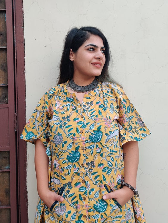 Yellow Green Hand Block Printed Shirt Kaftan Coordinated Set