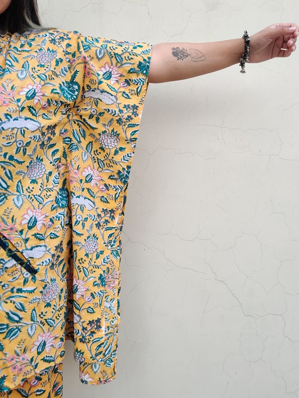 Yellow Green Hand Block Printed Shirt Kaftan Coordinated Set