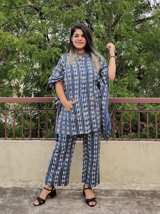 Indigo White Hand Block Printed Shirt Kaftan Coordinated Set