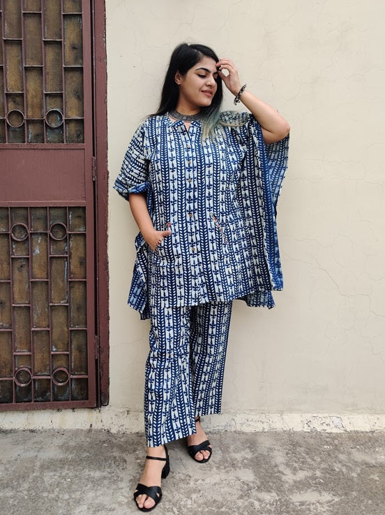 Indigo White Hand Block Printed Shirt Kaftan Coordinated Set