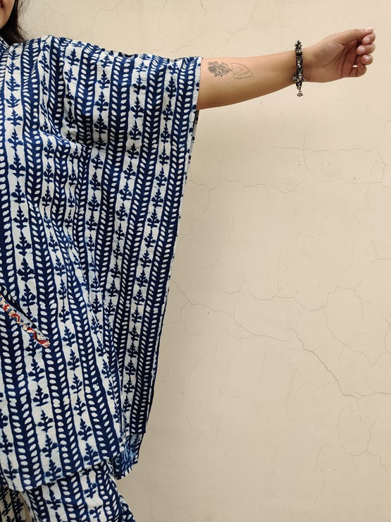 Indigo White Hand Block Printed Shirt Kaftan Coordinated Set