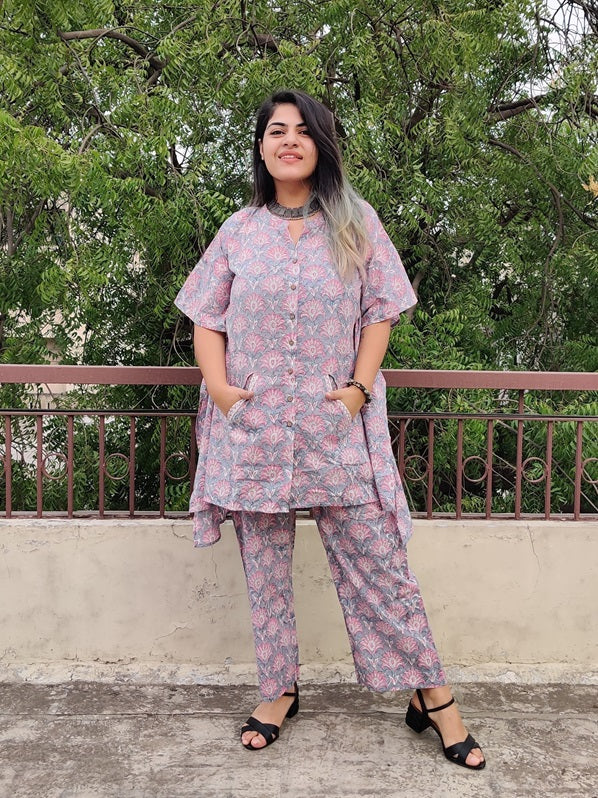Grey Pink Hand Block Printed Shirt Kaftan Coordinated Set