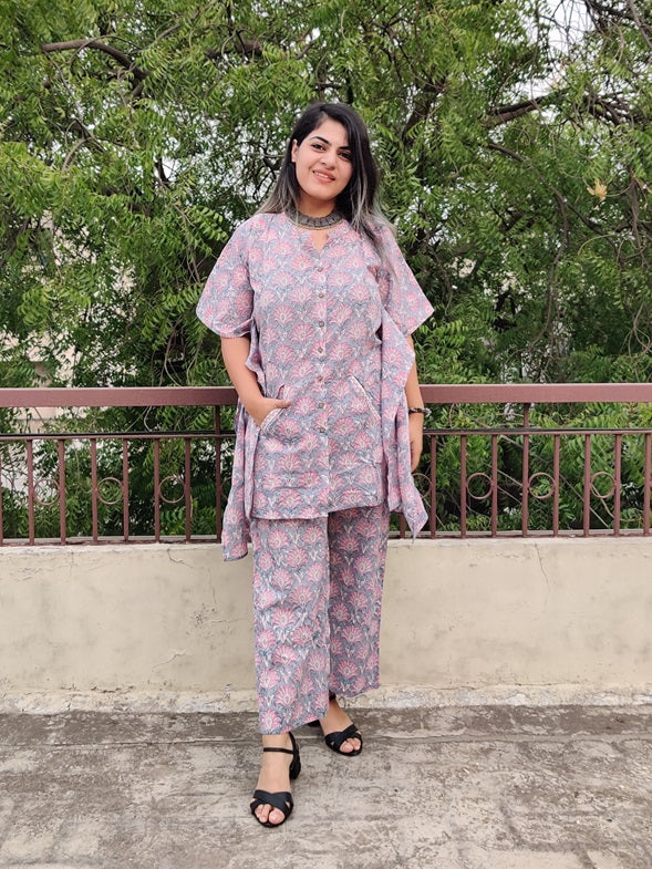 Grey Pink Hand Block Printed Shirt Kaftan Coordinated Set
